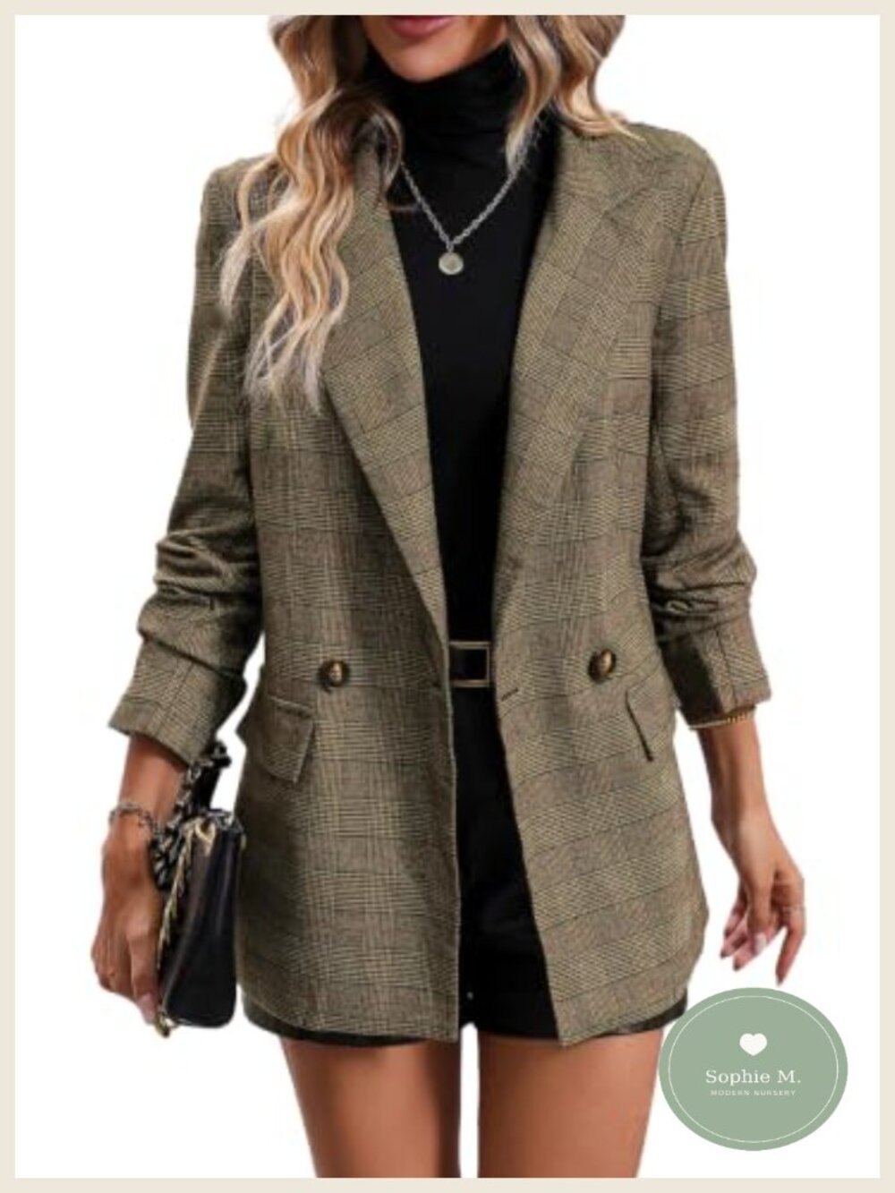 Women's Plaid Houndstooth Double-Breasted Blazer Notch Lapel Business Casual